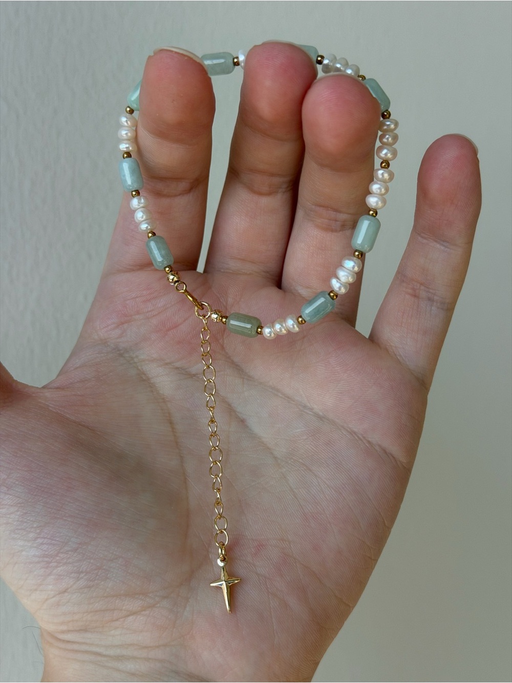 Freshwater Pearl & Light Green Jadeite Bead Bracelet with Cross Charm - Picture 5 of 5